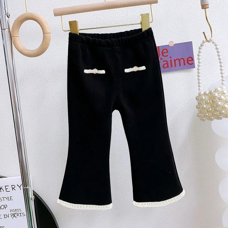 Girls' Autumn Winter Fleece Lined Outerwear Leggings Korean Stylish Flared Pants Kids Babies