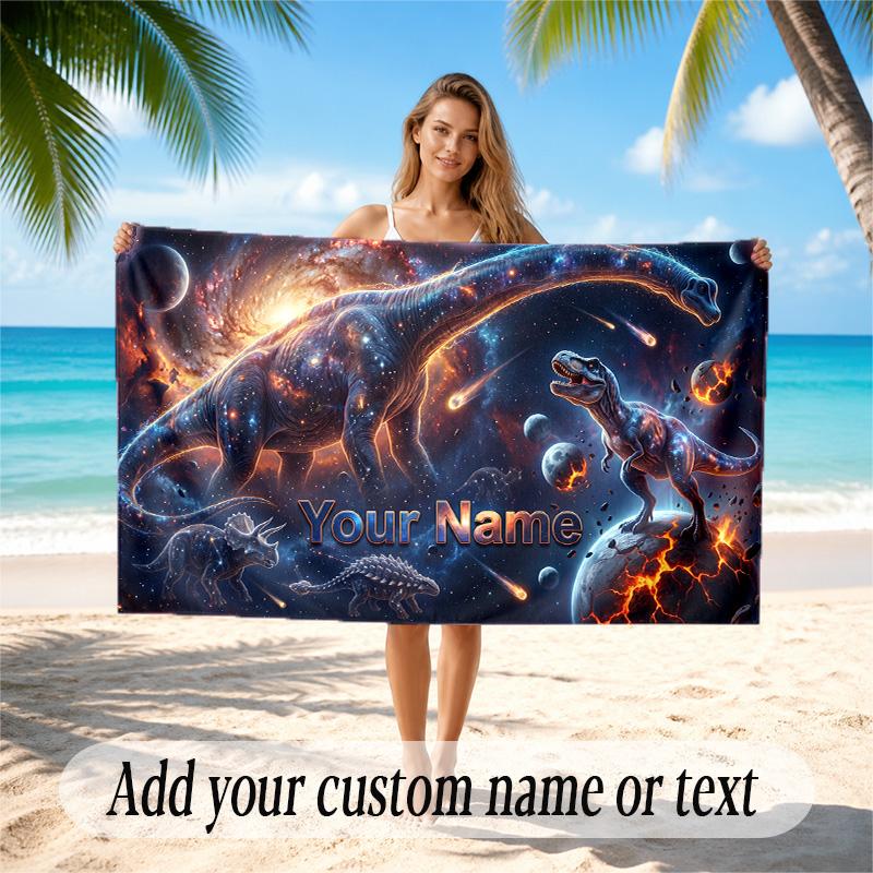 Dinosaur Theme Quick Dry Beach Towel Custom Name Text Print Large Sand Resistant Towel Beach Vacation