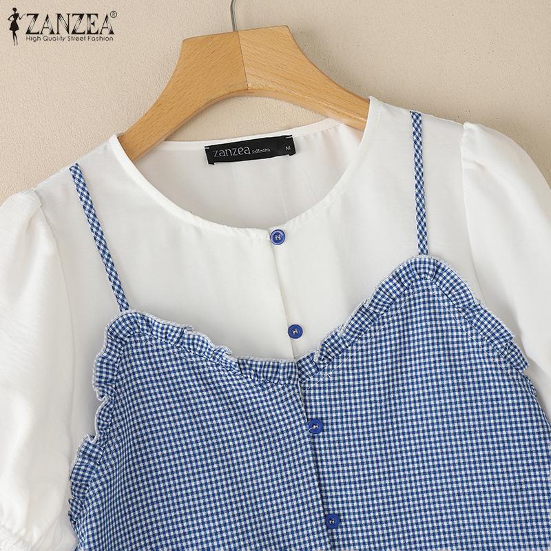 ZANZEA Women Summer Round Neck Plaid Print Patchwork Short Sleeve Blouse