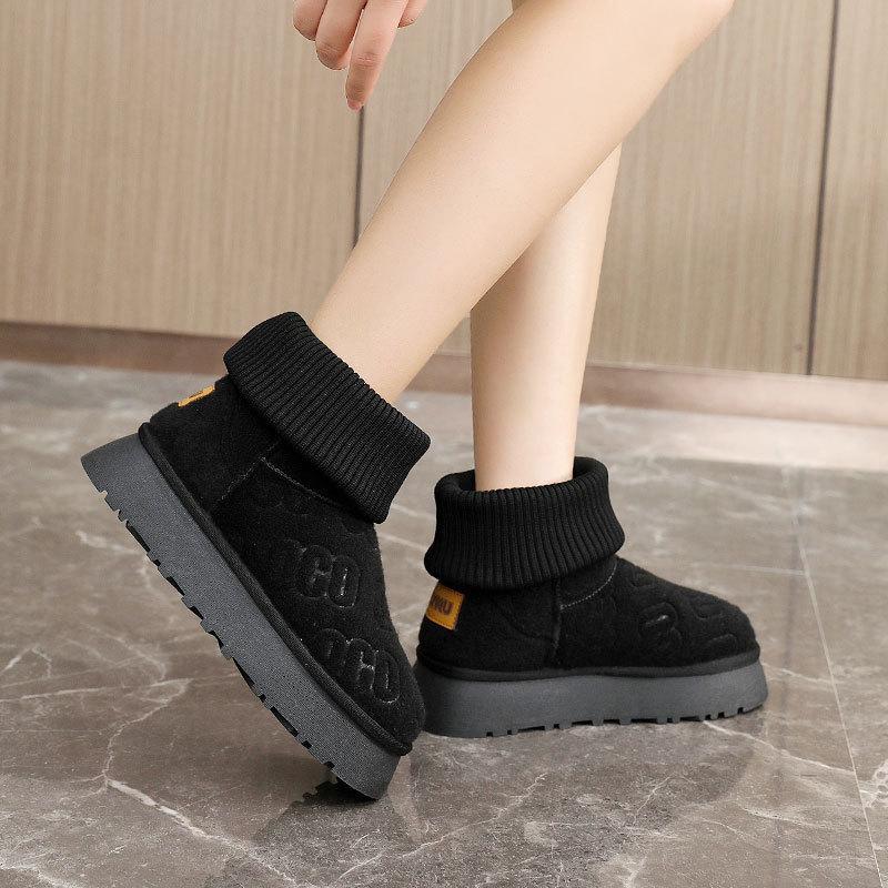 New autumn and winter snow boots women's velvet solid color medium-top height-increasing casual warm cotton shoes