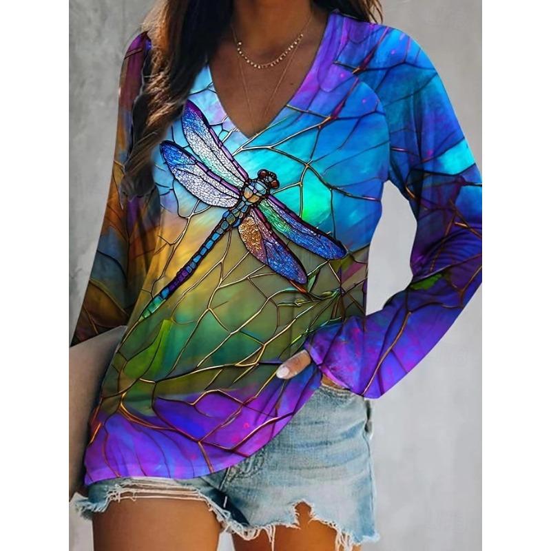 Damen T-Shirt Grafik Tier Libelle Elegant Mode T-Shirts Langarm T-Shirts V-Ausschnitt Reguläre Oberteile Pullover Herbst