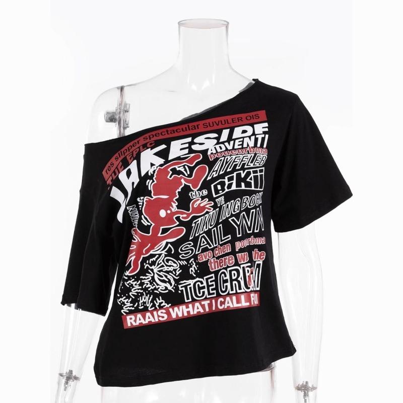 Slanted Shoulder Short Sleeve T-shirt for Women Letter Print Cotton Hot Girl Top Summer New Women's Solid Color T-shirts
