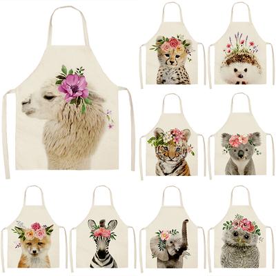 Flower Cute Animal Pattern Cotton Linen Apron Home Cleaning Cooking Kitchen Apron Chef Clothing Adult Bib Apron