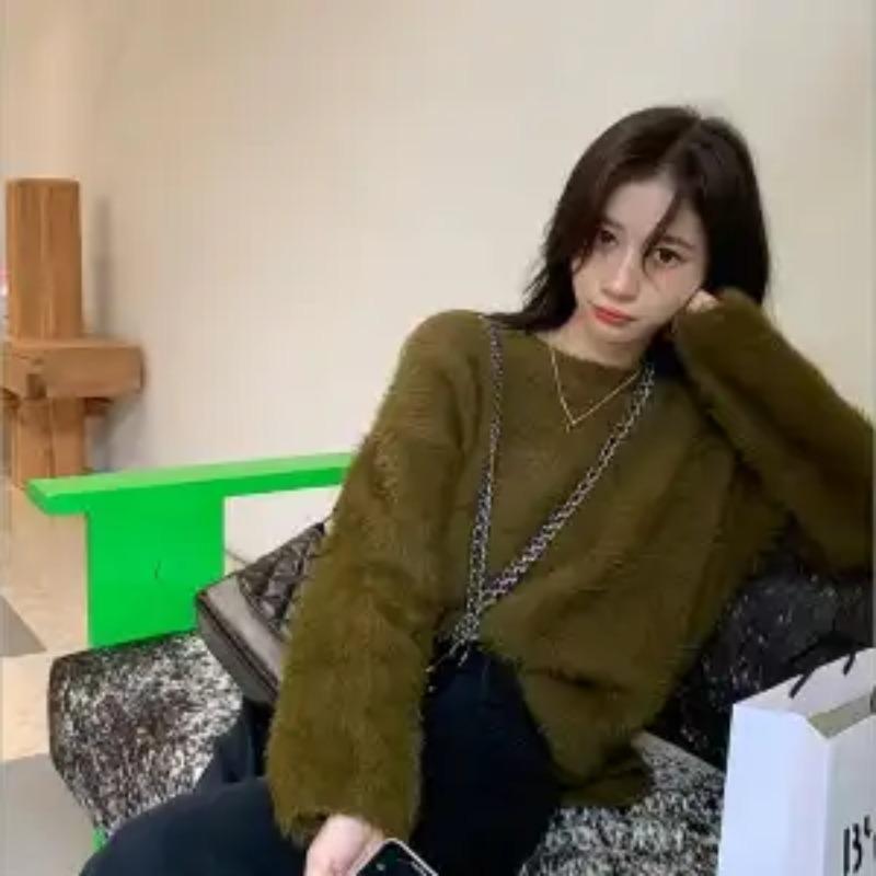

Mink Velvet Women s Spliced Pullover Round Neck Fashionable Solid Color Loose and Versatile Casual Long-sleeved Knitted Top S зелений