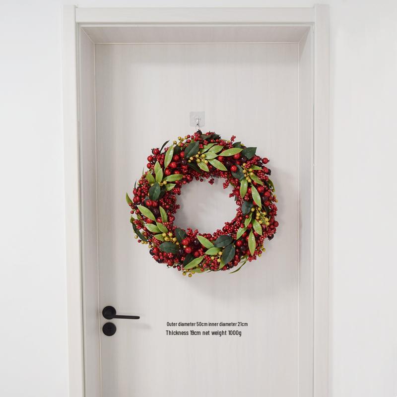 Handmade Christmas Wreath with Red Berries & Green Leaves on Steel Ring for Door Decoration