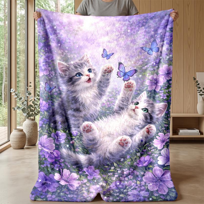 Kittens Playing with Butterflies in Forest Theme blanket Lightweight Warm Flannel Blanket Decorative Throw Blanket for Home Decoration