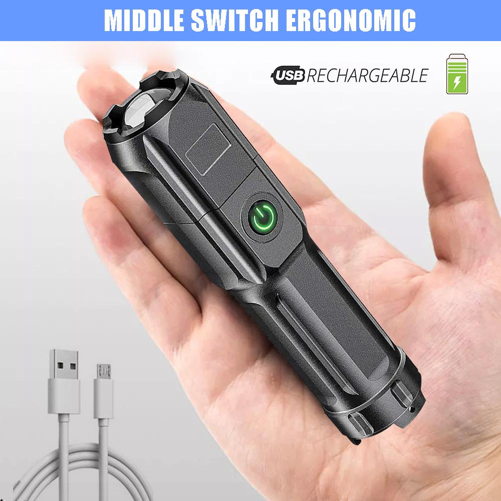 USB Rechargeable Led Flashlight Telescopic Zoomable Tactical  Torch Portable Spotlight Long-Range Flood Camping Flashlights