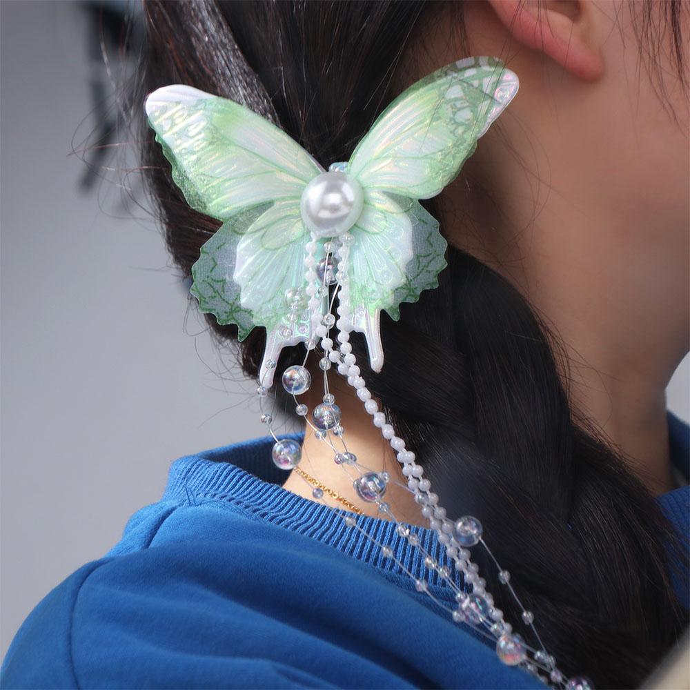 Imitation Pearl Butterfly Hairpin Mesh Butterfly Hair Clip Exquisite Tassel Duckbill Clip  Daily
