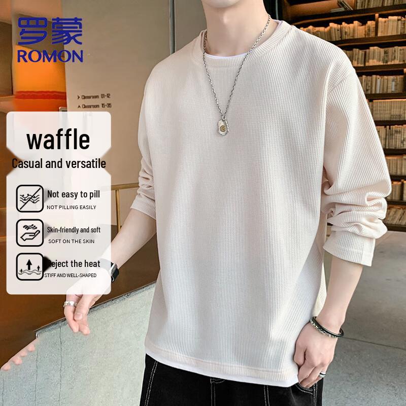 ROMON Men's Waffle Knit Faux Two-Piece Crewneck Sweatshirt