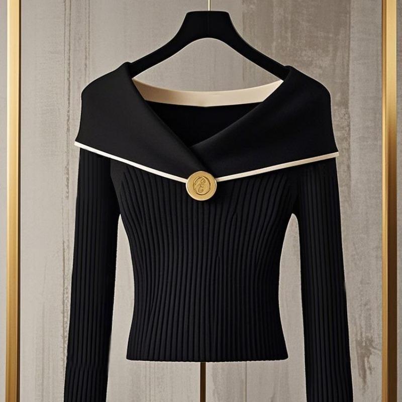 Schicker Strickpullover im französischen Stil mit schmaler Passform, Herbstpullover mit V-Ausschnitt, schickes Langarmoberteil für die Innenbekleidung von Damen