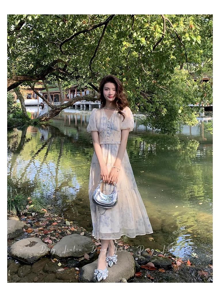 Elegant French Floral Print Summer Dress - V-neck Puff Sleeve High Waist, Sweet or Cool Style