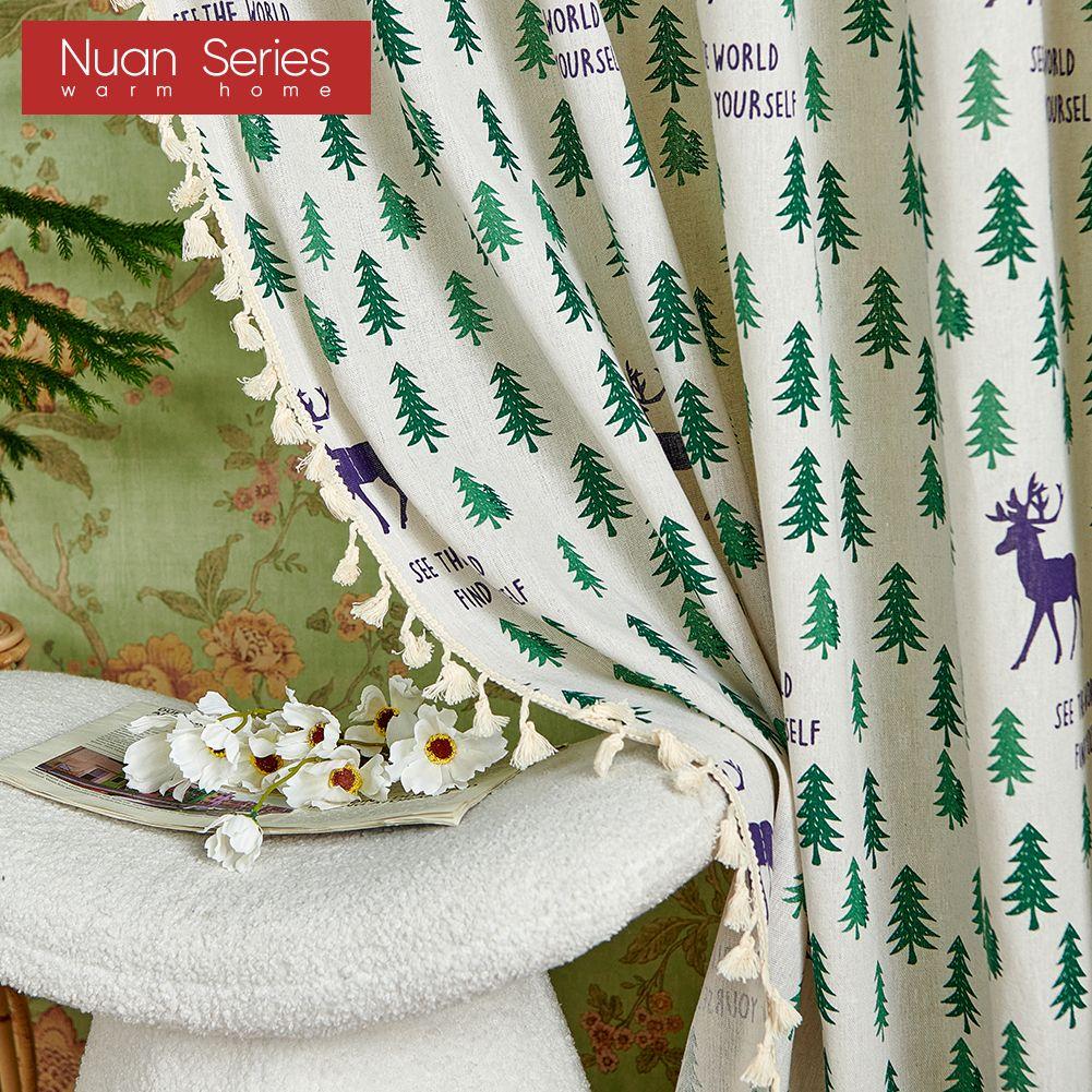 1PC Nuan Series Festival Decorative Curtain Christmas Elk Pattern Cotton Linen Printed Curtains With Tassel For Windows Balcony Home Decor