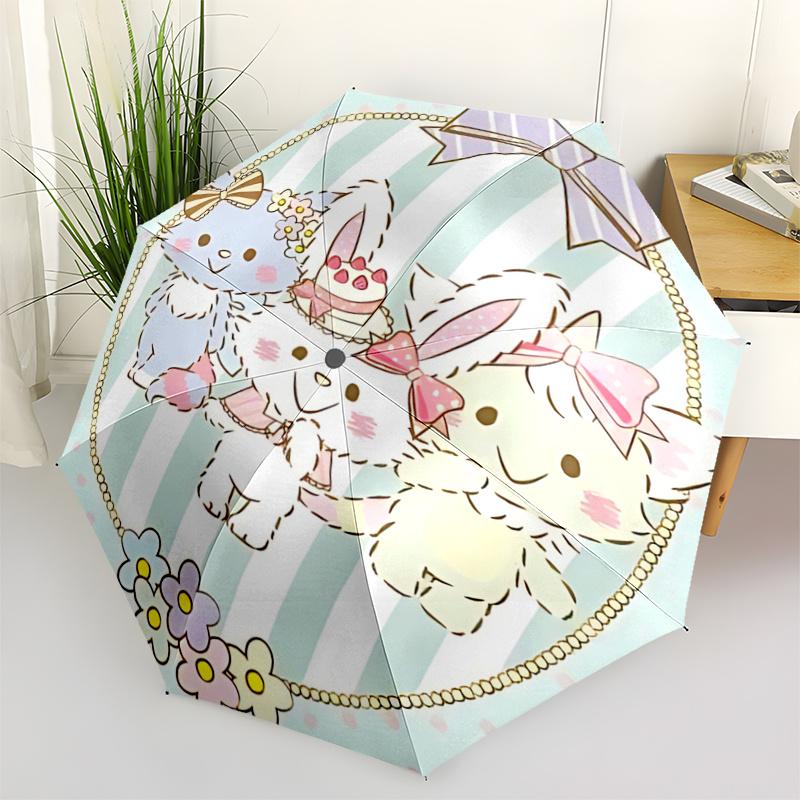 1pc Cute Bunny Family with Bowknots & Flowers - Automatic Folding Umbrella, Portable 3-Fold Design, 8-Bone Iron Frame Outdoor Umbrella, Perfect Gift f