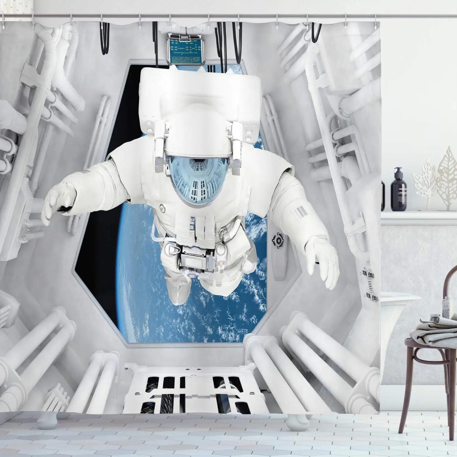 

Outer Space Shower Curtain Spaceship Space Station Control Room Science Fiction Element Featured Station Bathroom Curtains Hooks W60H190(CM)-1 Pcs