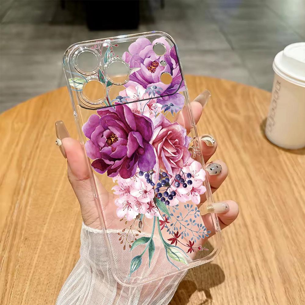 Phone Case For Iphone 7 8 6 Plus 11 12 13 14 Pro Max SE 2020 2022 Couple Rose Flower Oil Painting Clear Transparent Soft Cover