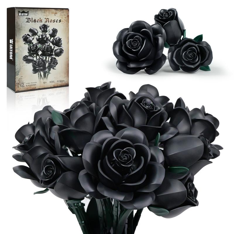 Black Rose Flower Bouquet Building Set, Black Rose Botanical Collection Blocks Kit Compatible for Adults Women, Artificial Flowers Gothic Decor for