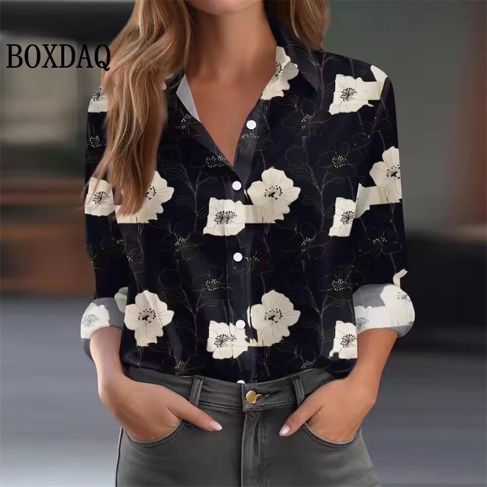 Women's 3D Floral Pattern Print Shirts Vintage Autumn Long-Sleeved Blouse Fashion Casual Loose Button Everyday Lapel Shirt Tops