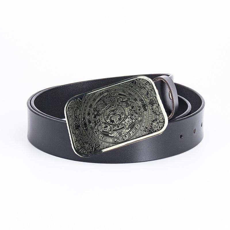 Glossy Whole Cowhide Belt, Zinc Alloy Ancient Tin Aztec Calendar Belt, Retro Large Size Pure Leather Belt.