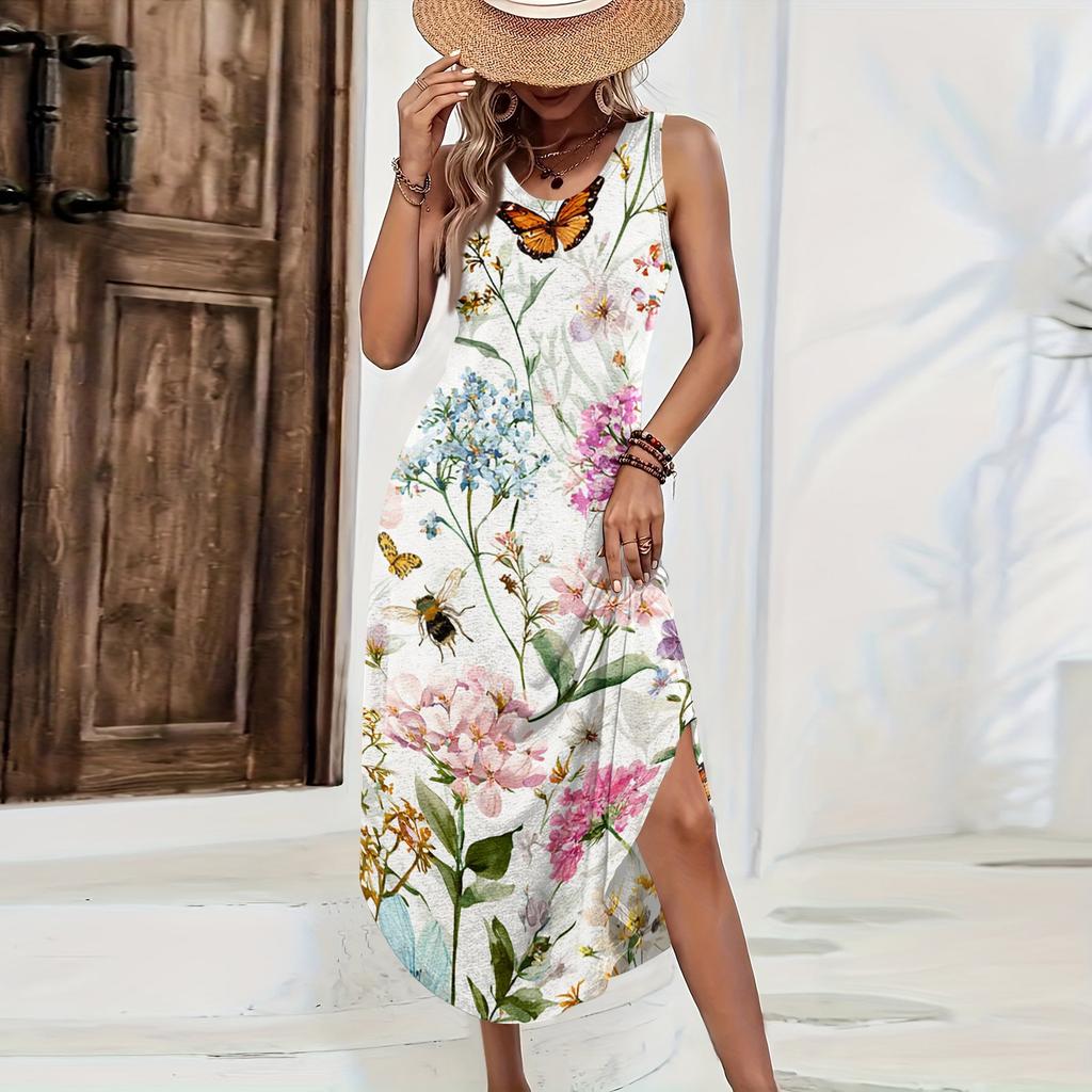 Women Sleeveless Floral Print Maxi Dress Casual Loose Fit Long Summer Dress Side Slit Bohemian Style Sundress for Daily Wear