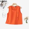 VONDA Women Summer Square Neck Sleeveless Side Decorate Buttons Casual Tank Tops