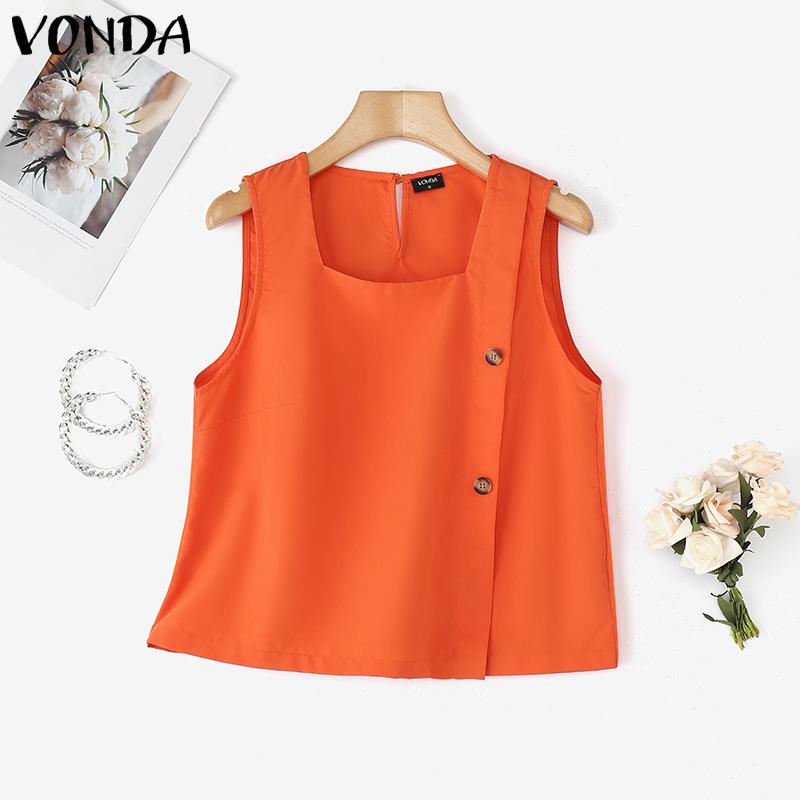 VONDA Women Summer Square Neck Sleeveless Side Decorate Buttons Casual Tank Tops
