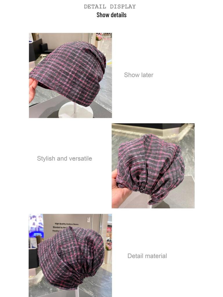 European & Korean Plaid Head Wrap: Wasteland Style, Loose Slouchy Beanie for Large Head Circumference, Trendy Hot Girl Bandana Hat.
