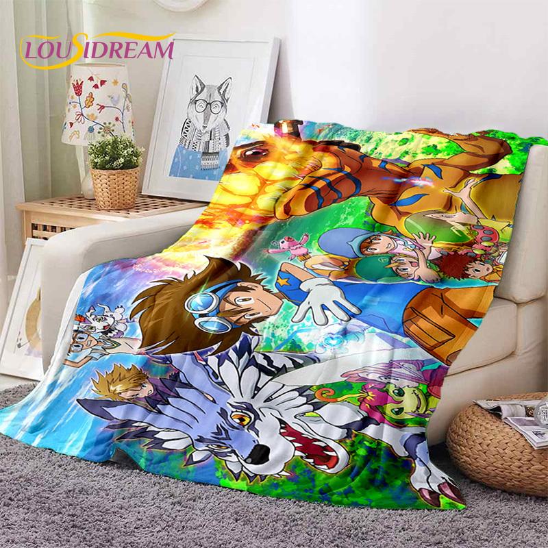 Retro Digimon Adventure Potwór Kreskówka Miękki Koc Flanelowy, Koc do Rzucania Wygodny Koc na Piknik Łóżka Kanapę Domowy Sypialnia