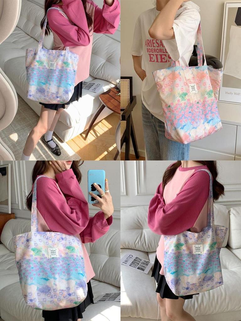 Pink Floral Canvas Tote Bag With Soft Cotton Material And Trendy Street Fashion