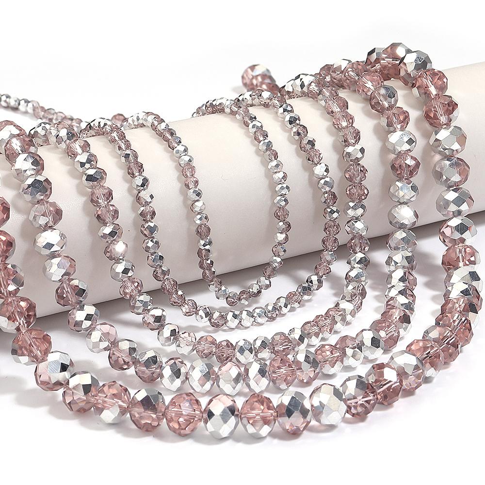 1 Strand 3/4/6/8/10mm Faceted Crystal Beads Pink Rhodium Rondelle Glass Loose Beads For Jewelry Making DIY Bracelets Necklace