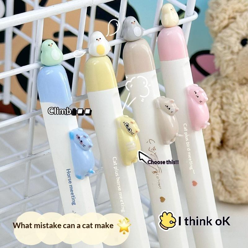 

4-Pack Fun Magnetic Bird Cat Gel Pens Retractable Press Pens 0.5Mm Fine Tip Fast Drying Ink Cute Stationery For Cat Lovers One Size