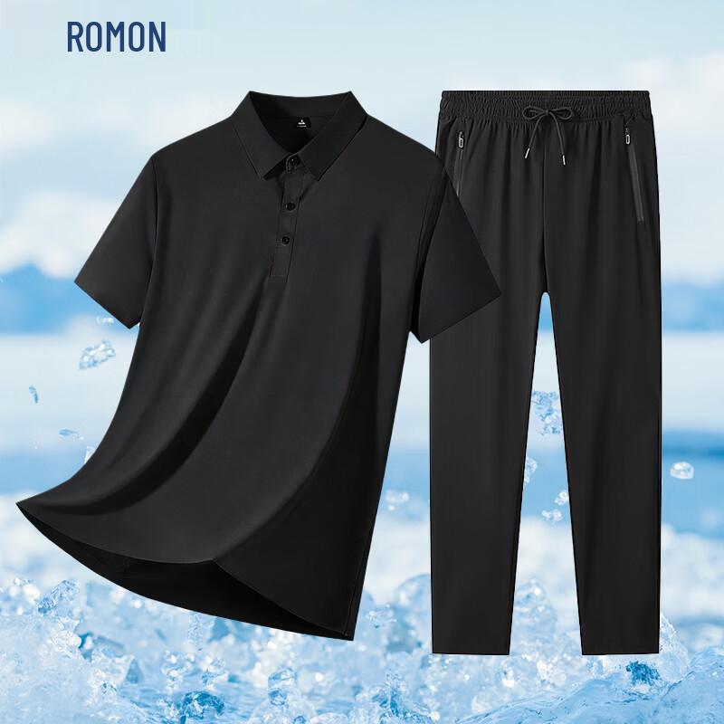 ROMON Men's Seamless Ice Silk Polo Shirt & Shorts Set