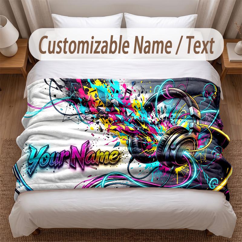 Music DJ Theme Soft Blanket Personalized Custom Name Text Print Warm Blanket Home Sofa Bedroom Decor