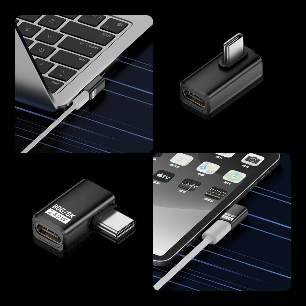USB4 V2 90 Degree Type C Angle Adapter 80Gbps Thunderbolt 5 4 3 Elbow Adapter 240W USB-C Cable Connector 40Gbps for MacBook Air