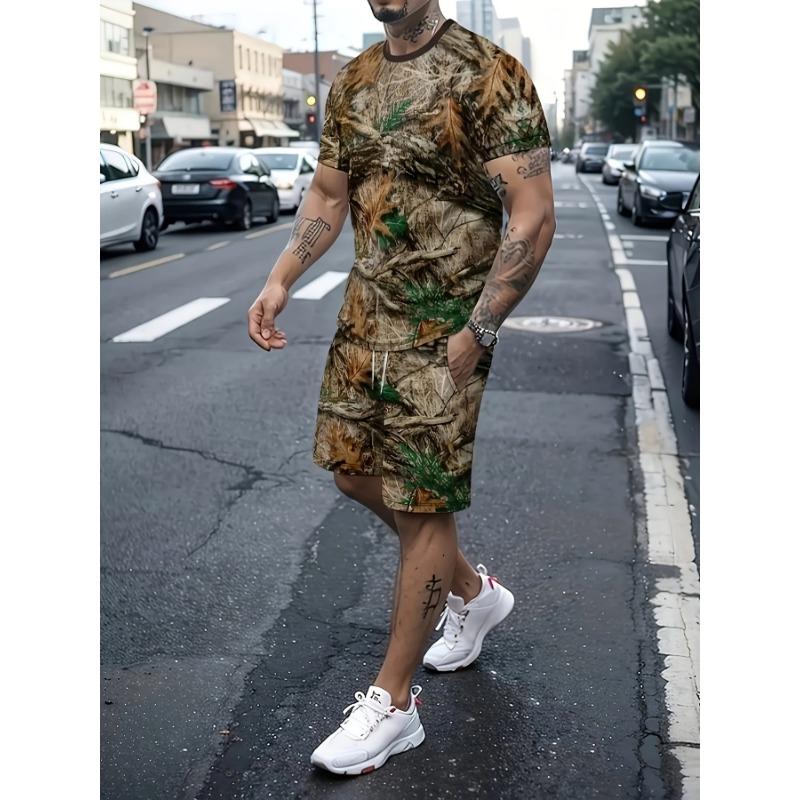 New Summer Men's Set Men's Street King T-Shirt Two-Piece Set Casual Wear Loose-Fit Crew Neck Beach Sports Set