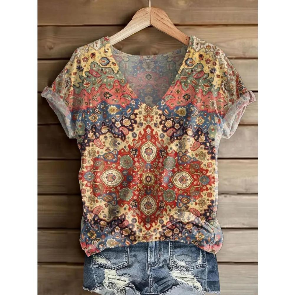 Women Summer T Shirt Floral Pattern Print Short Sleeve Tees Casual Printed Tops