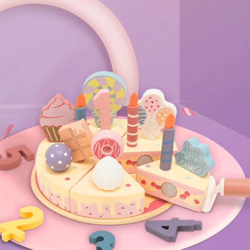 Wooden Simulation Birthday Cake Decorative Toys Educational Kitchen Cutting Food Role Play Game For Kids 2 Years Gifts