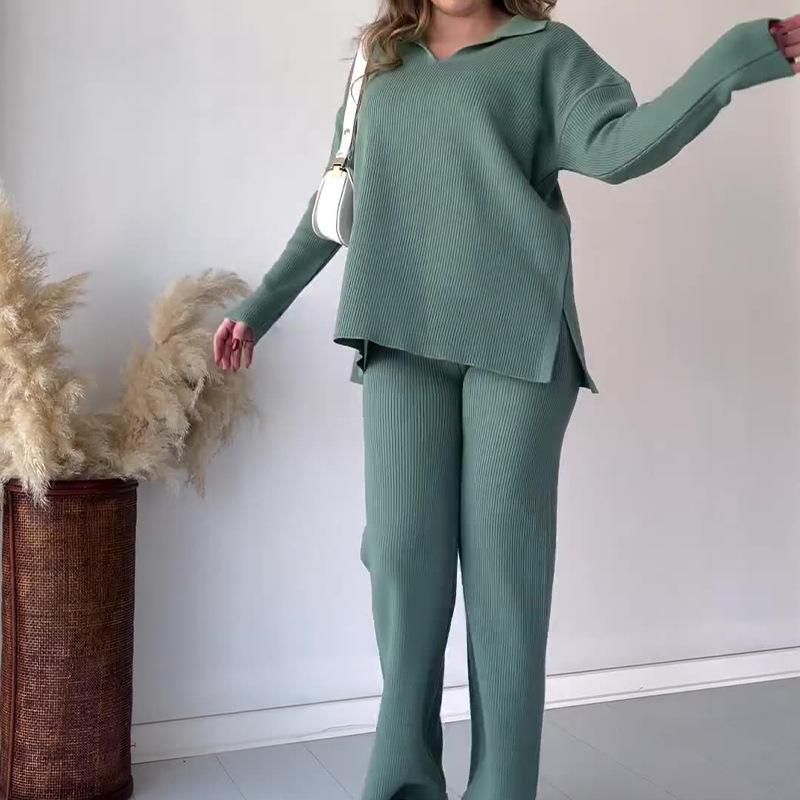 2023 Autumn/Winter European & American Solid Color POLO Collar Casual Slit Sweater Set