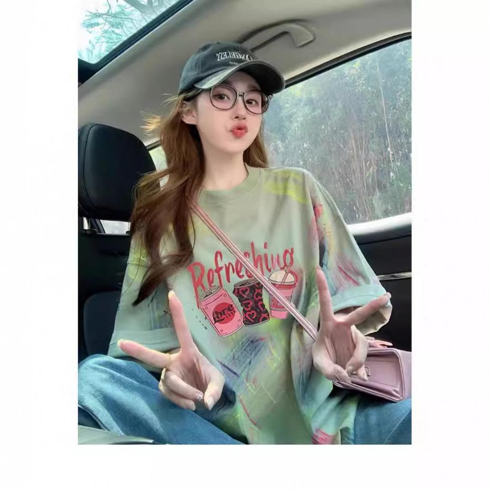 

Tie-dye design mid-length t-shirt women s trendy brand graffiti age-reducing loose slimming top 5XL