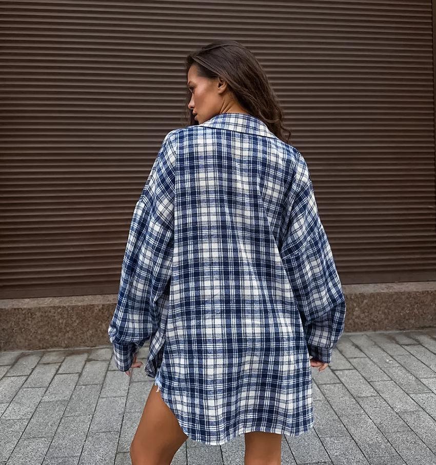 Women's Versatile Plaid Turn-Down Collar Blouse - Loose Fit, Long Sleeve, with Pockets, European & American Style, 2025 Collection.