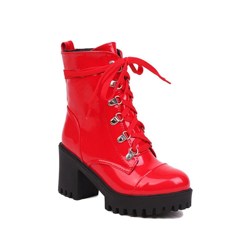 

Women Motorcycle Boots Patent Leather Winter Ladies Boots Lady Lace Up Side zipper Ankle Boots High Heel Platforms Winter Shoes 42