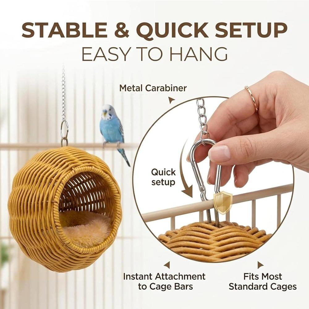 Rattan Bird Nest Chewproof Steel Frame Parakeet Nesting House for Cage, Small Bird Hammock Parrot Sleeping Bed with Soft Mat Suitable for Small Birds