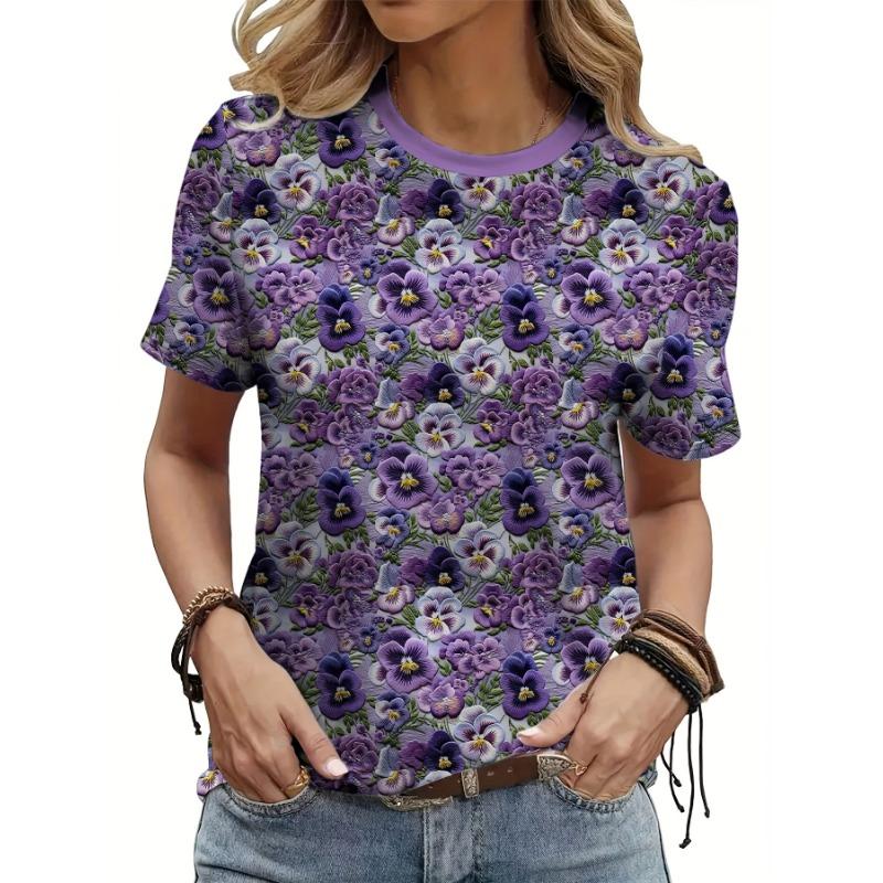 Women's Fashion T Shirt Oil Floral Pattern Fashion Short Sleeve Round Neck Short Sleeve T Shirt Top Casual Short Sleeve T Shirt