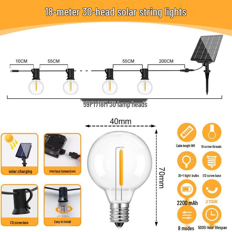 G40 Solar LED String Lights: Outdoor Copper Wire, Drop-Proof, Perfect for Atmosphere Decoration