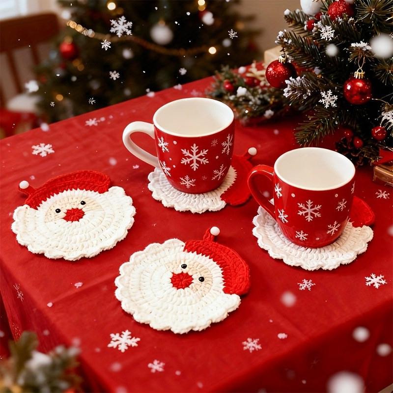 Handmade Crochet Santa Claus Coaster - Festive Red & White Christmas Decor, Drink Coaster For Holiday Table Setting