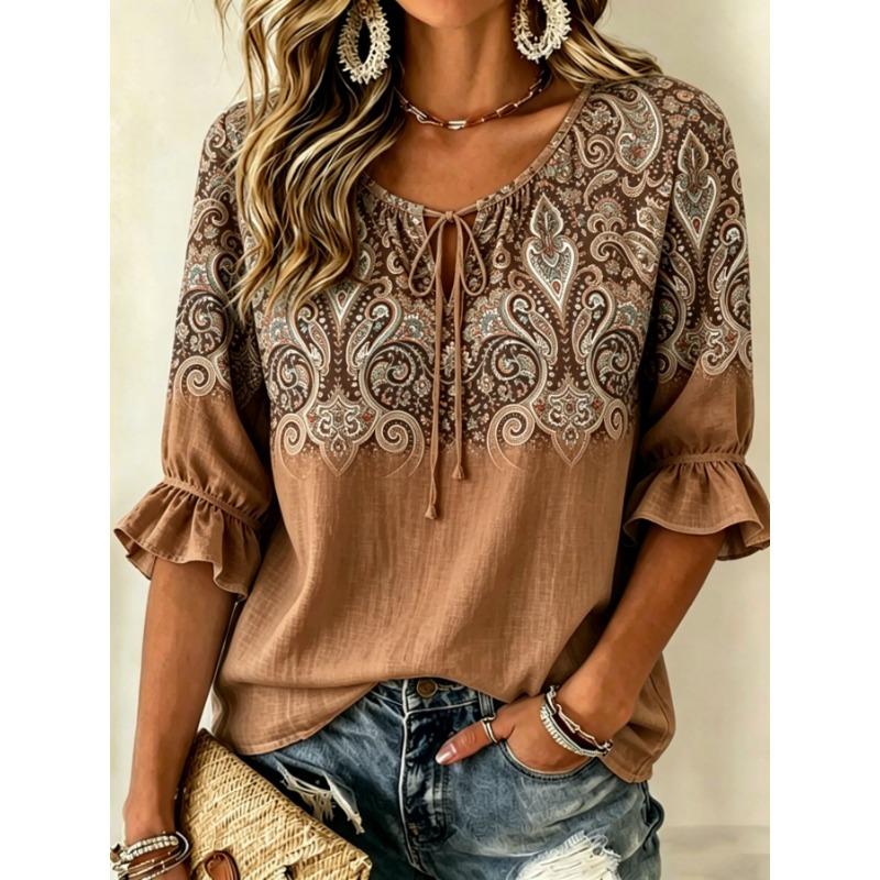 Women's Cherry Blossom Print Color Block Tie Neck Blouse, Ruffle Half Sleeve Feminine Top for Spring Summer Wear