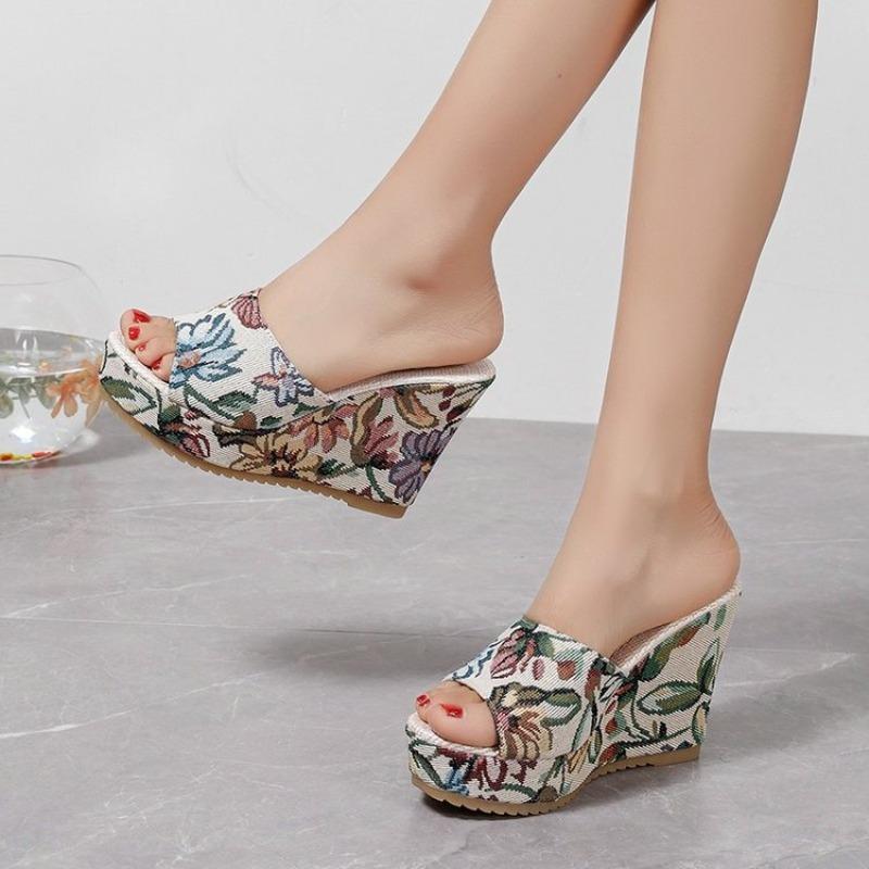 Ladies Shoes 2026 Peep Toe Women's Slippers Fashion Print Wedges High Heels Shoes Casual Slippers Women Summer Platform Sandals