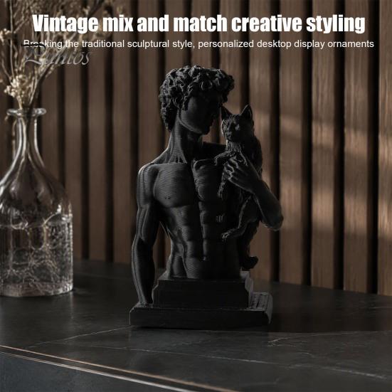 Muscular David Figurine 3D Printed Statue with Cat, European Classic Art Sculpture Stylish Living Room Decor for Home Office Decor, Modern Desktop