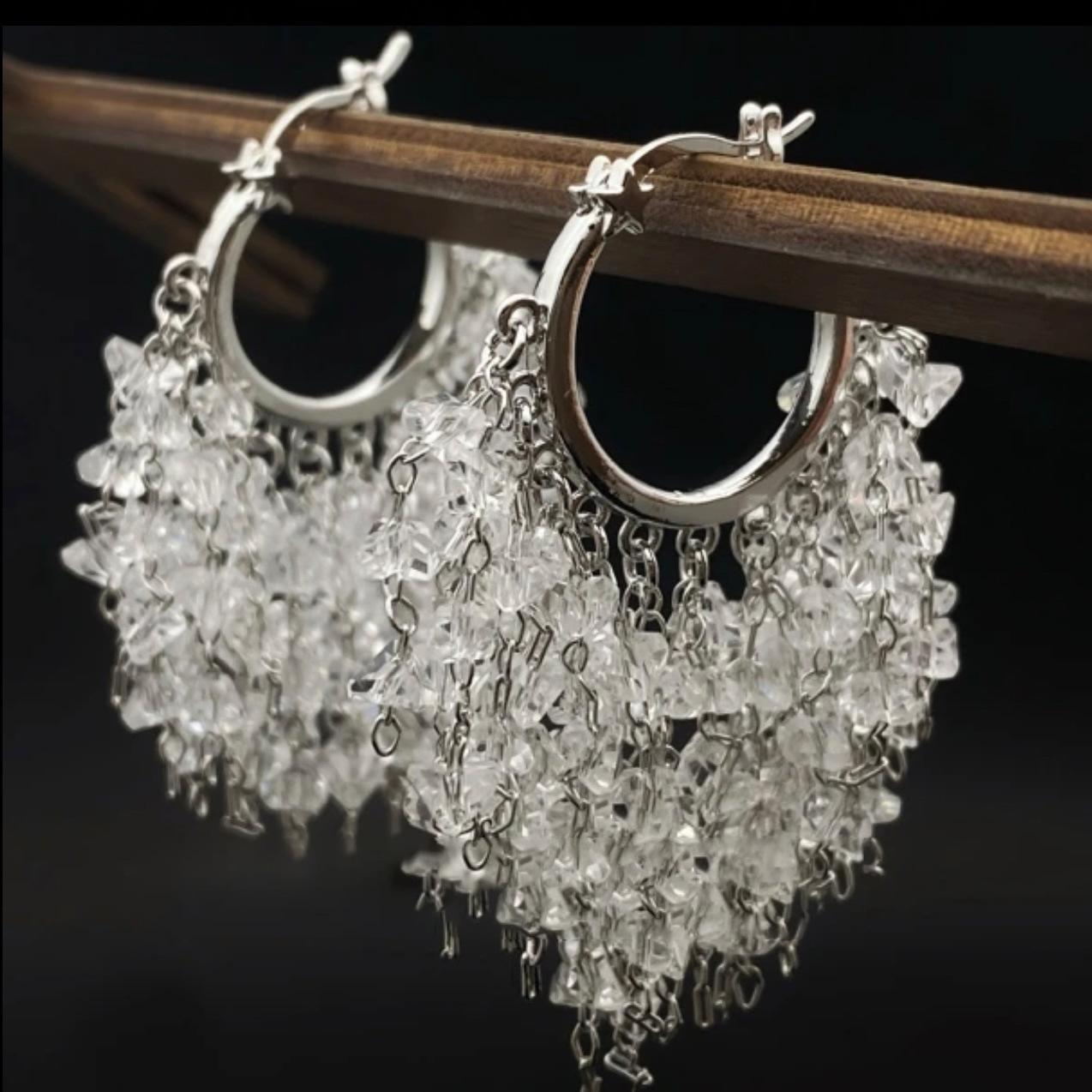 

Серьги с бахромой из хрустального стекла, темпераментные нишевые серьги-клипсы в стиле легкой роскоши, модные, универсальные, элегантные