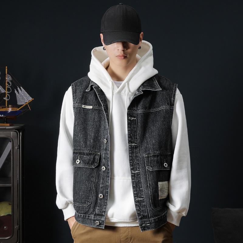 Men's Plus Size 7XL Korean Fashionable Loose Washed Denim Vest - Spring and Autumn Youth Casual Multi-Pocket Sleeveless Jacket