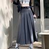 Women's Pleated A-Line Long Skirt, High Waist, Slim, Academy Style, Gray or Black, Autumn